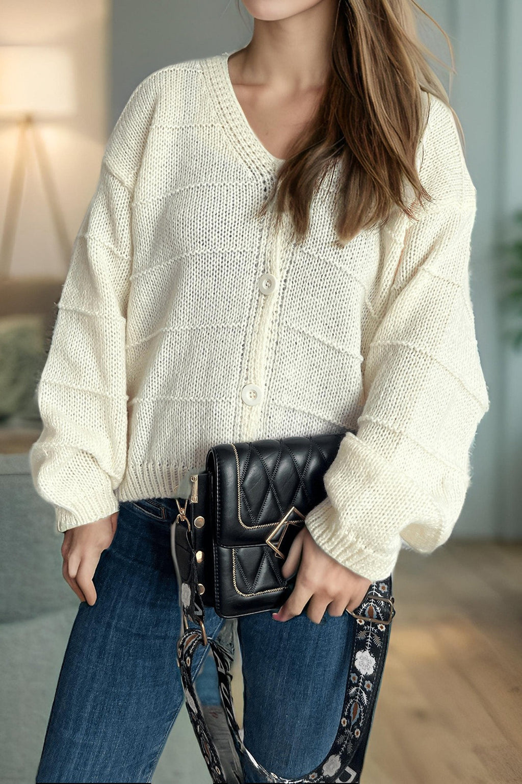 Relaxed V-Neck Cardigan S / White