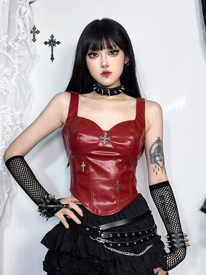 Gothic Grunge Cross Leather Corset Crop Top