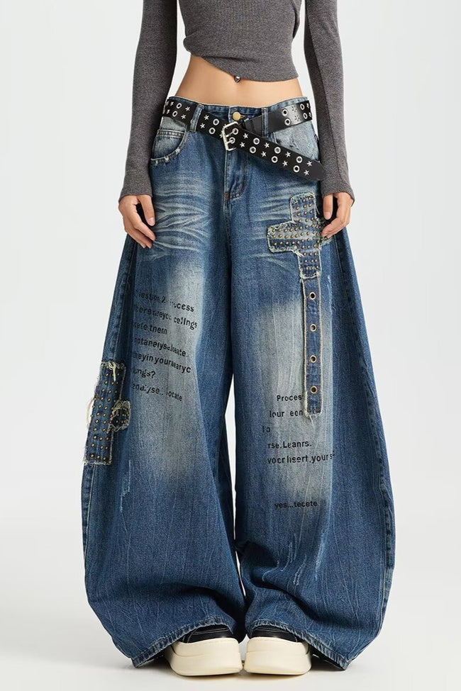 Rivet Patch Curved Leg Loose Retro Hip Hop Jeans Main image