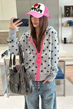 Polka Dot Ruffle Trim Zip Up Hoodie
