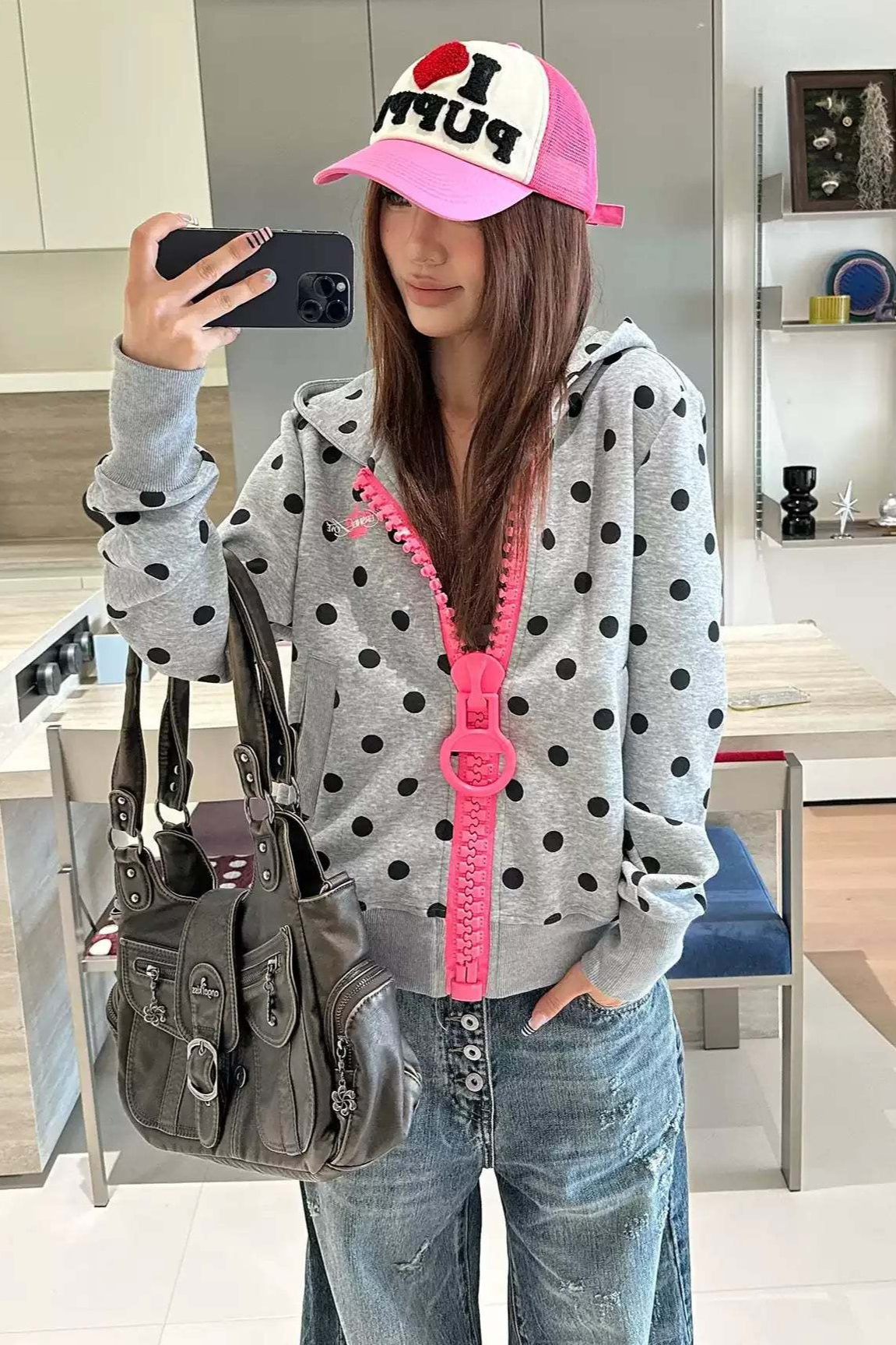 Polka Dot Ruffle Trim Zip Up Hoodie