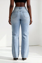 Metal Eyelet High Rise Washed Straight Leg Jeans