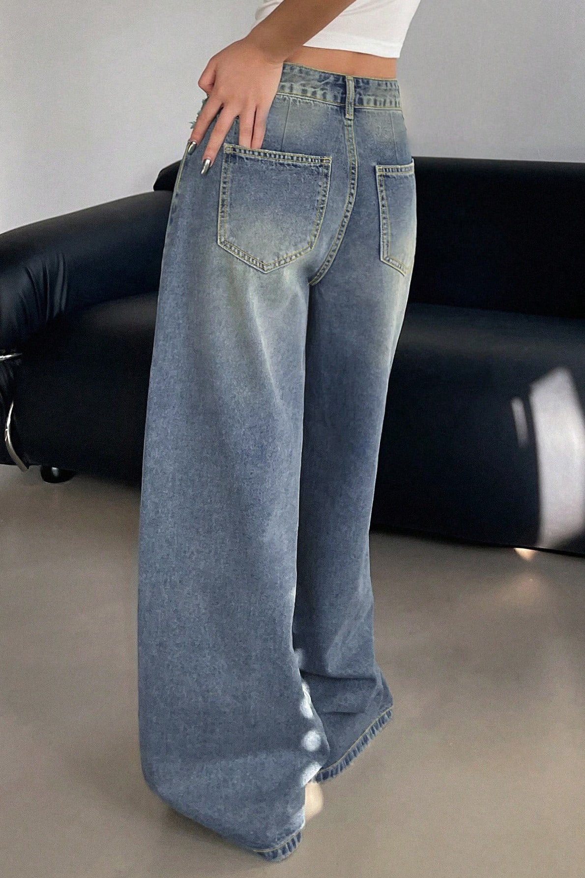 Long Wide Leg Washed Blue Ripped Relaxed Jeans Secondary image