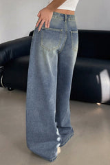 Long Wide Leg Washed Blue Ripped Relaxed Jeans