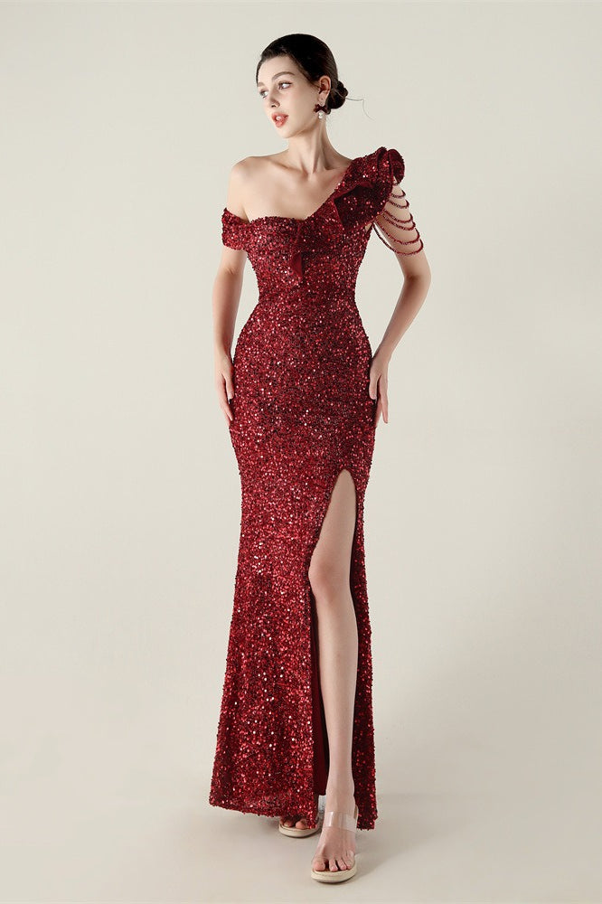 Draped One Shoulder Ruffle Formal Dress