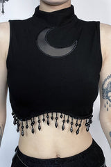 High Neck Sleeveless Moon Cutout Fringe Crop Top
