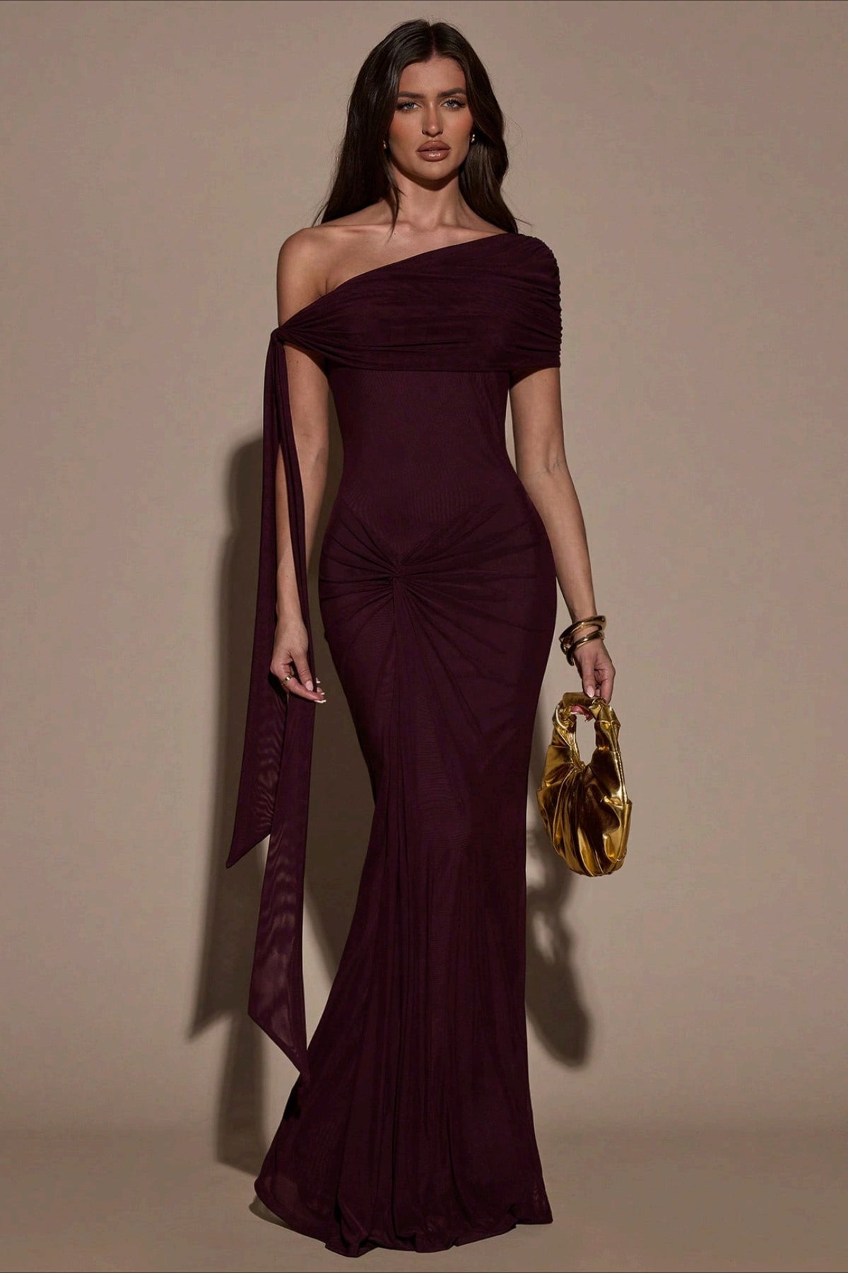 One Shoulder Cape Ruched Formal Dress