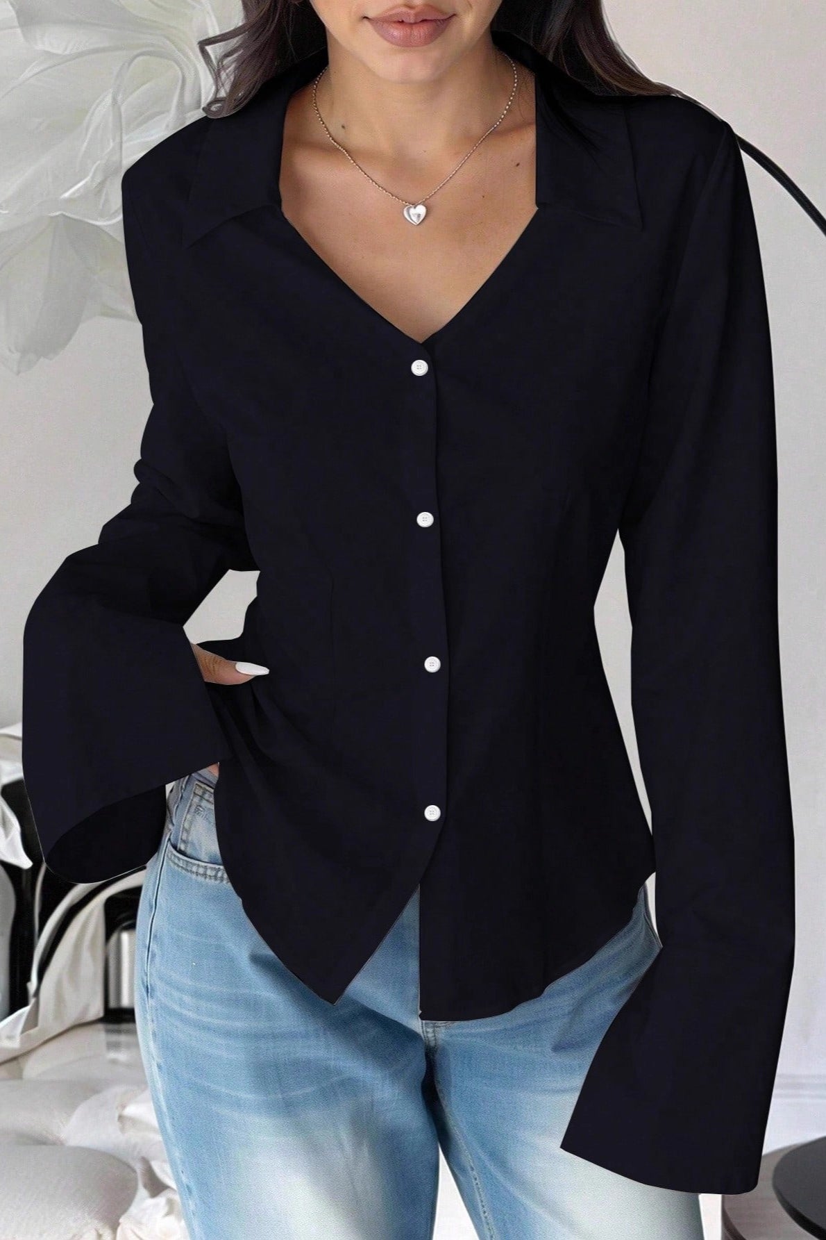 Slim Fit Flare Sleeve V Neck Blouse Secondary image