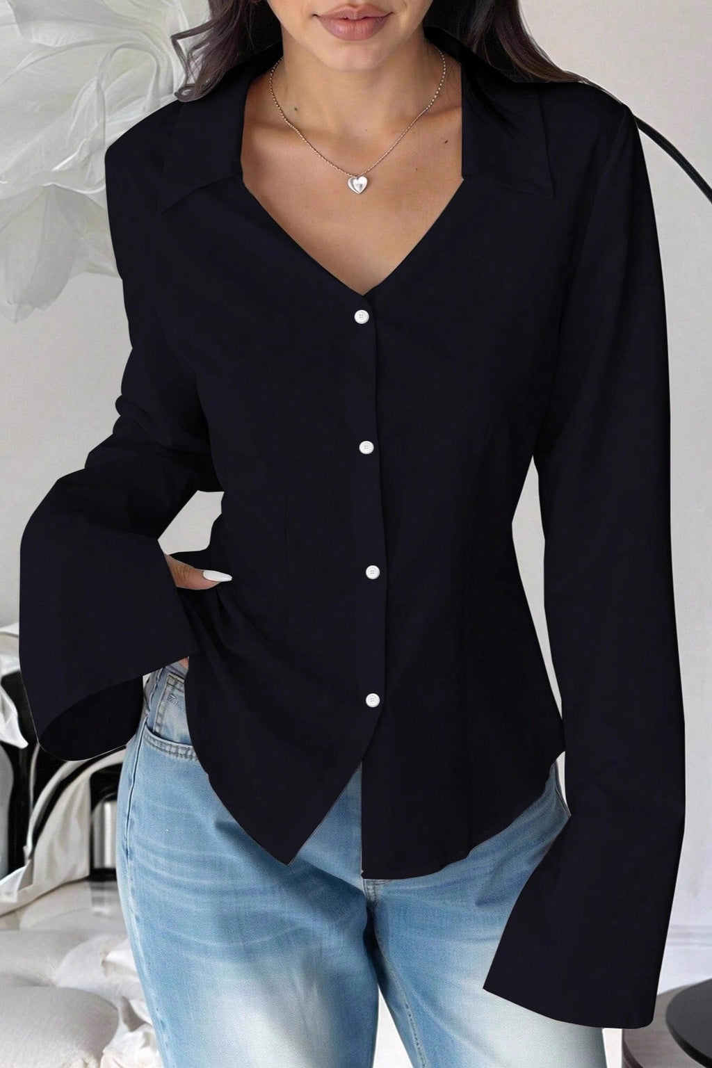 Slim Fit Flare Sleeve V Neck Blouse
