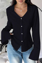 Slim Fit Flare Sleeve V Neck Blouse