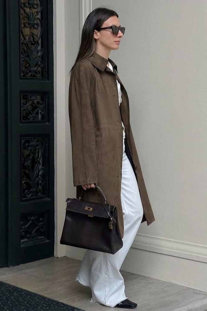 Brown Suede Retro Long Sleeve Overcoat Secondary image