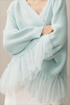 Sheer Ruffle Knit Cardigan S / Blue