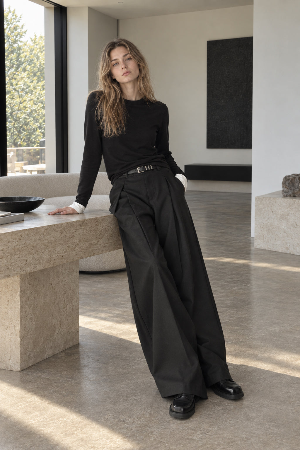 Casual 3D Pleat A-Line Wide Leg Pants