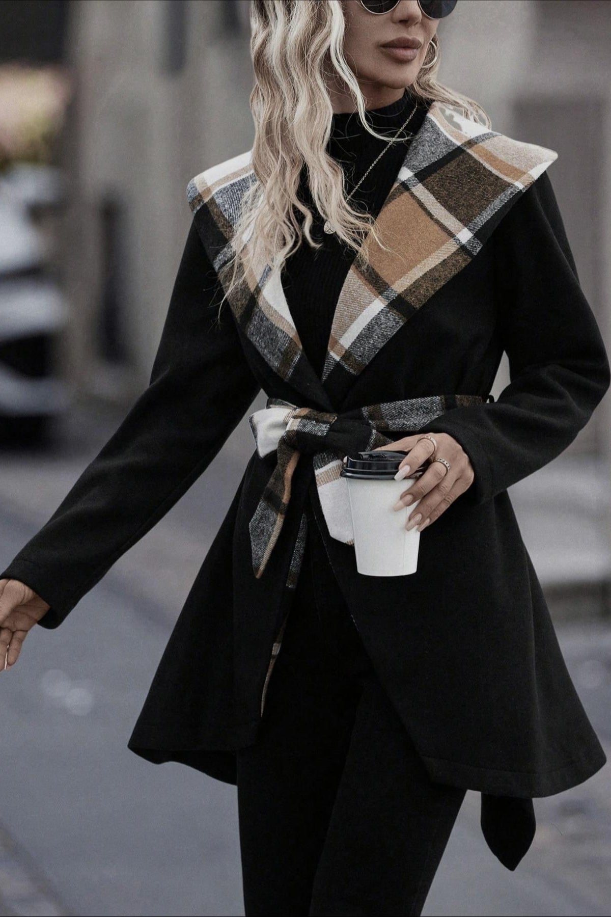 Plaid Patchwork Belted Wool Coat Secondary image