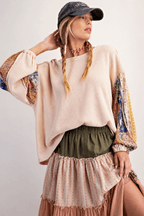 Waffle Knit Patchwork Sleeve Sweatshirt