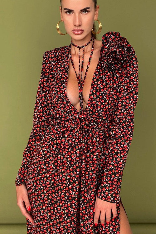 Side Slit Deep V Neck Tie Waist Floral Maxi Dress