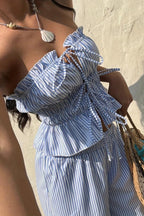 Striped Tie Front Tube Top Pants Set