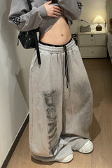 Letter Print Tie Wide Leg Casual Sweat Pants