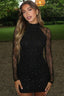 Solid Turtleneck Long Sleeve Lace Rhinestone Bodycon Mini Dress