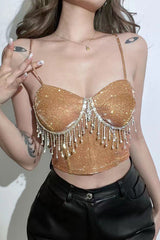 Rhinestone Trimmed Bardot Fringe Crop Top