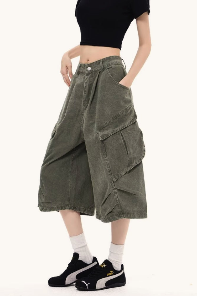 Washed Oversized Pockets Wide Leg Cargo Pants