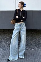 Washed Wide Leg Distressed Jeans Blue / XS