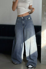 Long Wide Leg Washed Blue Ripped Relaxed Jeans
