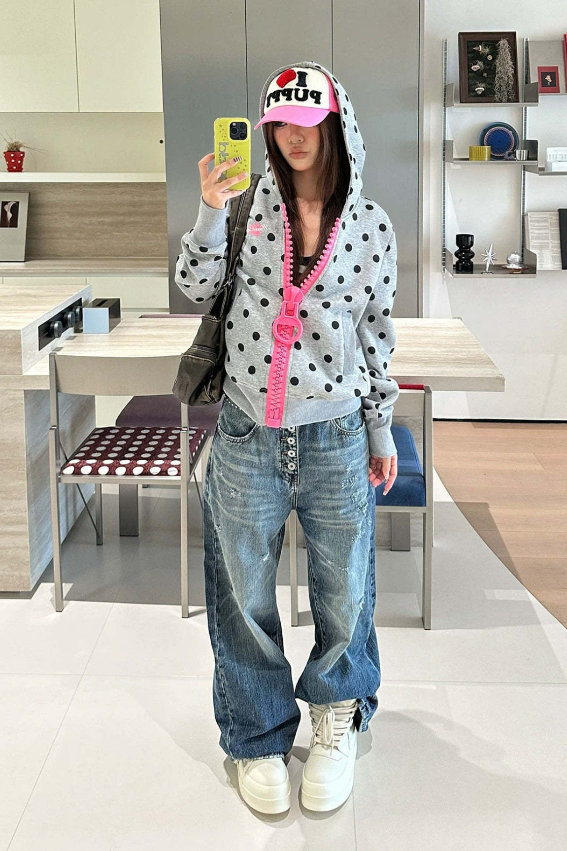 Polka Dot Ruffle Trim Zip Up Hoodie