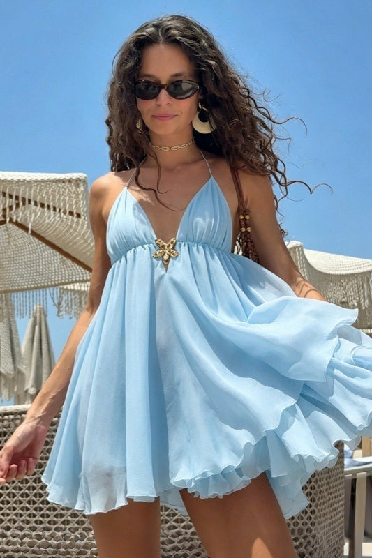Halter V Neck Backless Metal Accent Mini Dress Main image