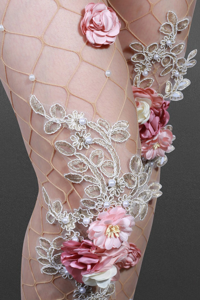 Embroidered Flower Pearl Nude Fishnet Tights Secondary image