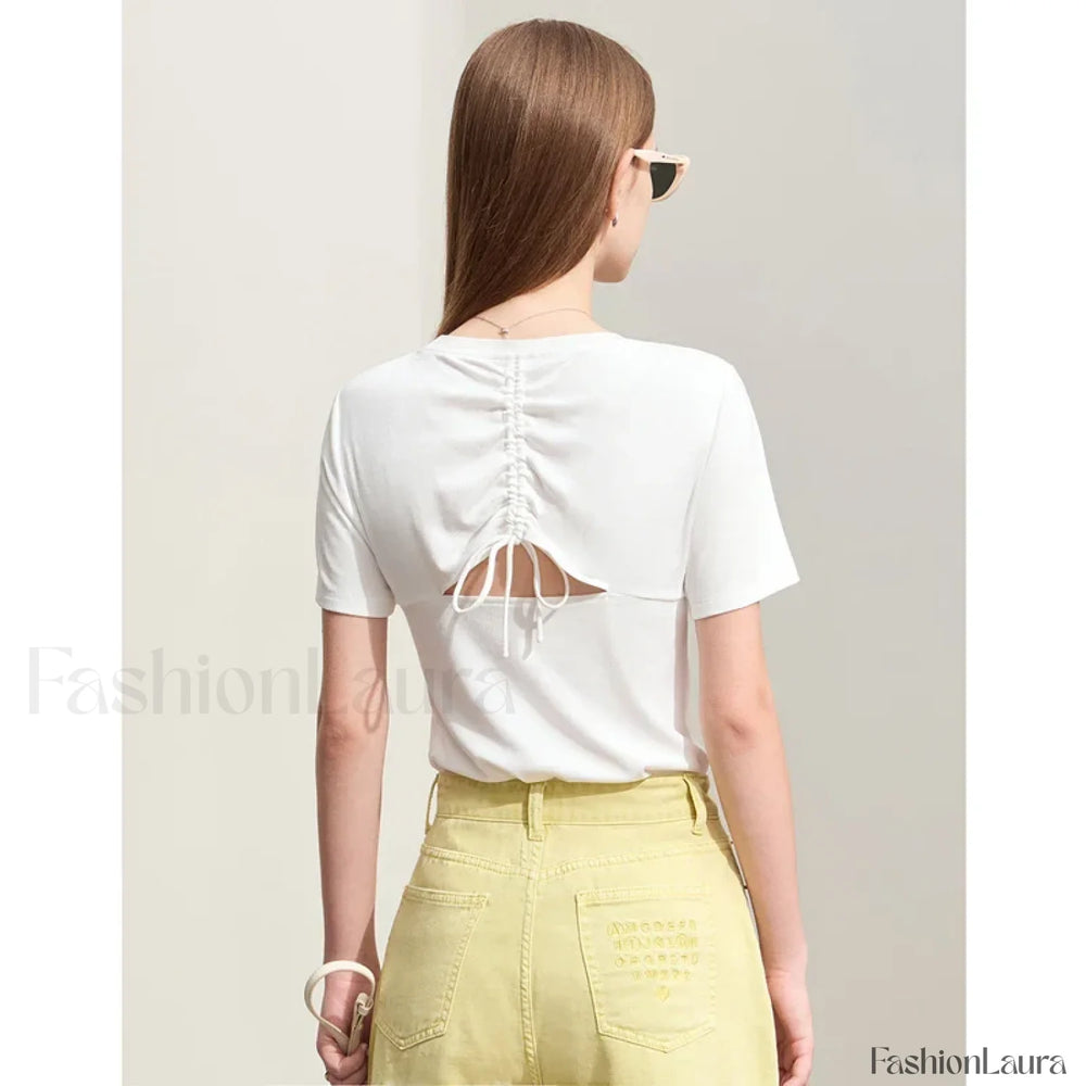 Back Drawstring Hollow T Shirt Beige / S