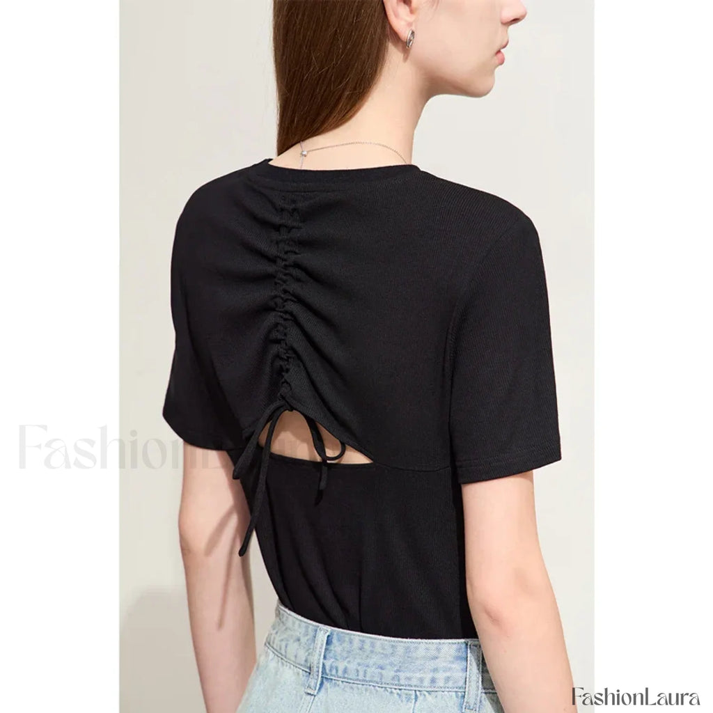 Back Drawstring Hollow T Shirt Black / S
