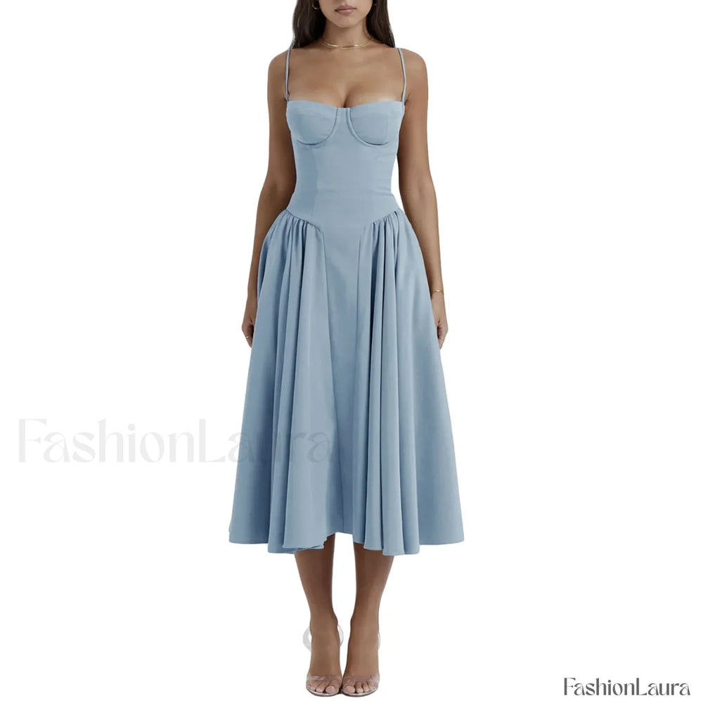 Backless Dropped Waist Midi Dress blue / S