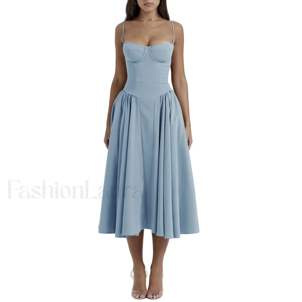 Backless Dropped Waist Midi Dress blue / S