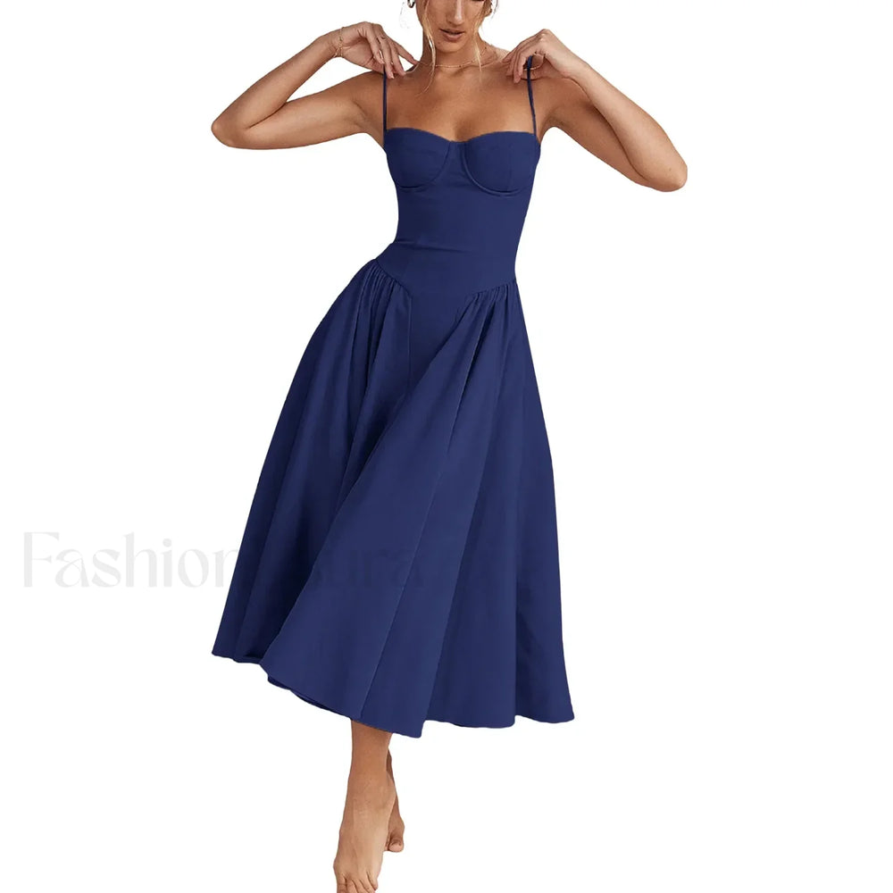 Backless Dropped Waist Midi Dress navy / S