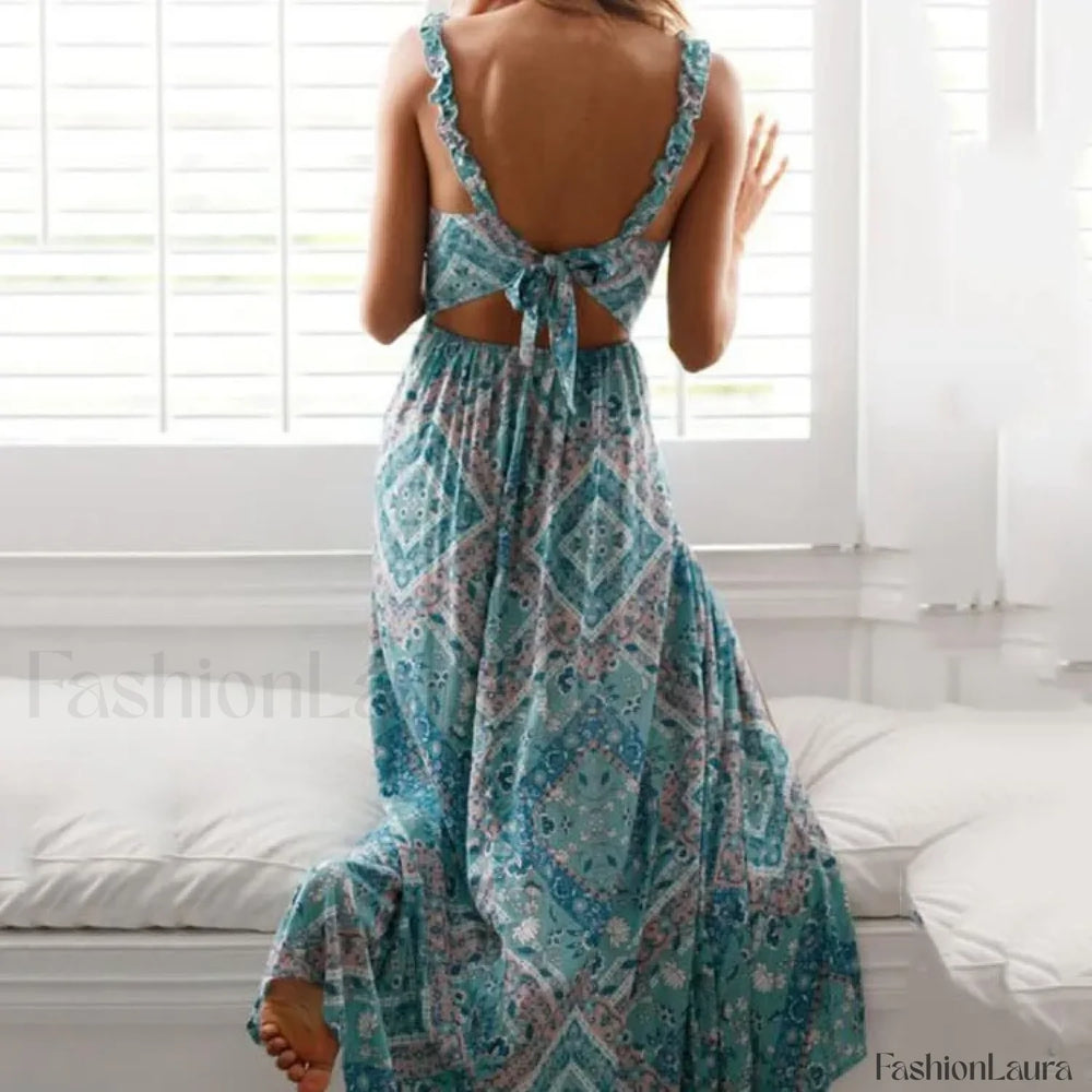 Backless Floral V Neck Boho Dress