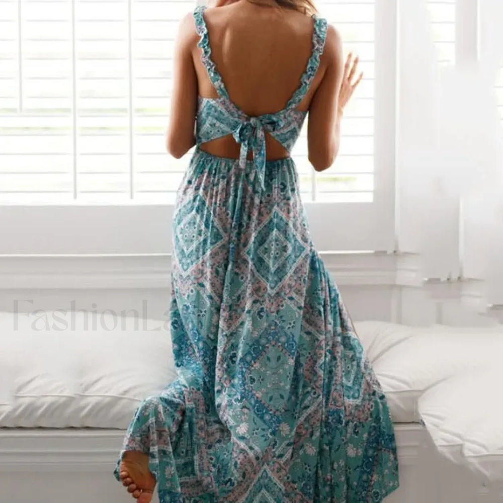 Backless Floral V Neck Boho Dress