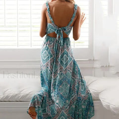 Backless Floral V Neck Boho Dress