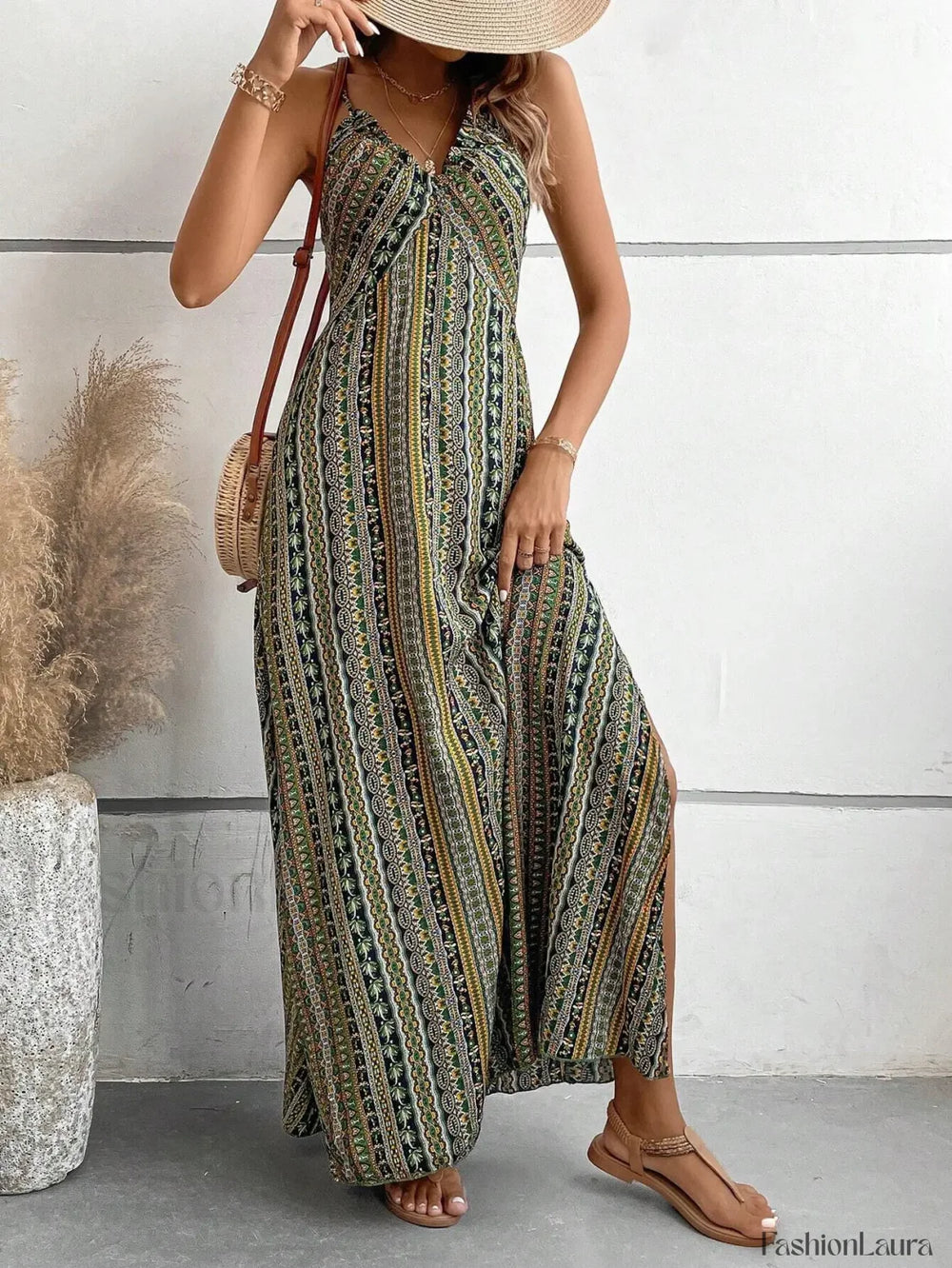 Backless Green Maxi Boho Dress