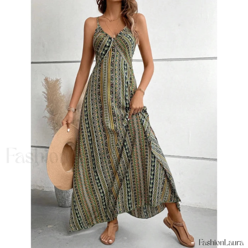 Backless Green Maxi Boho Dress Green / S