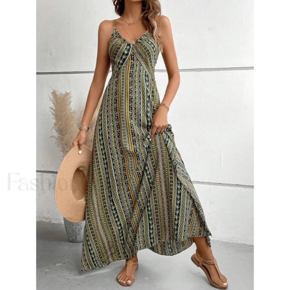 Backless Green Maxi Boho Dress Green / S