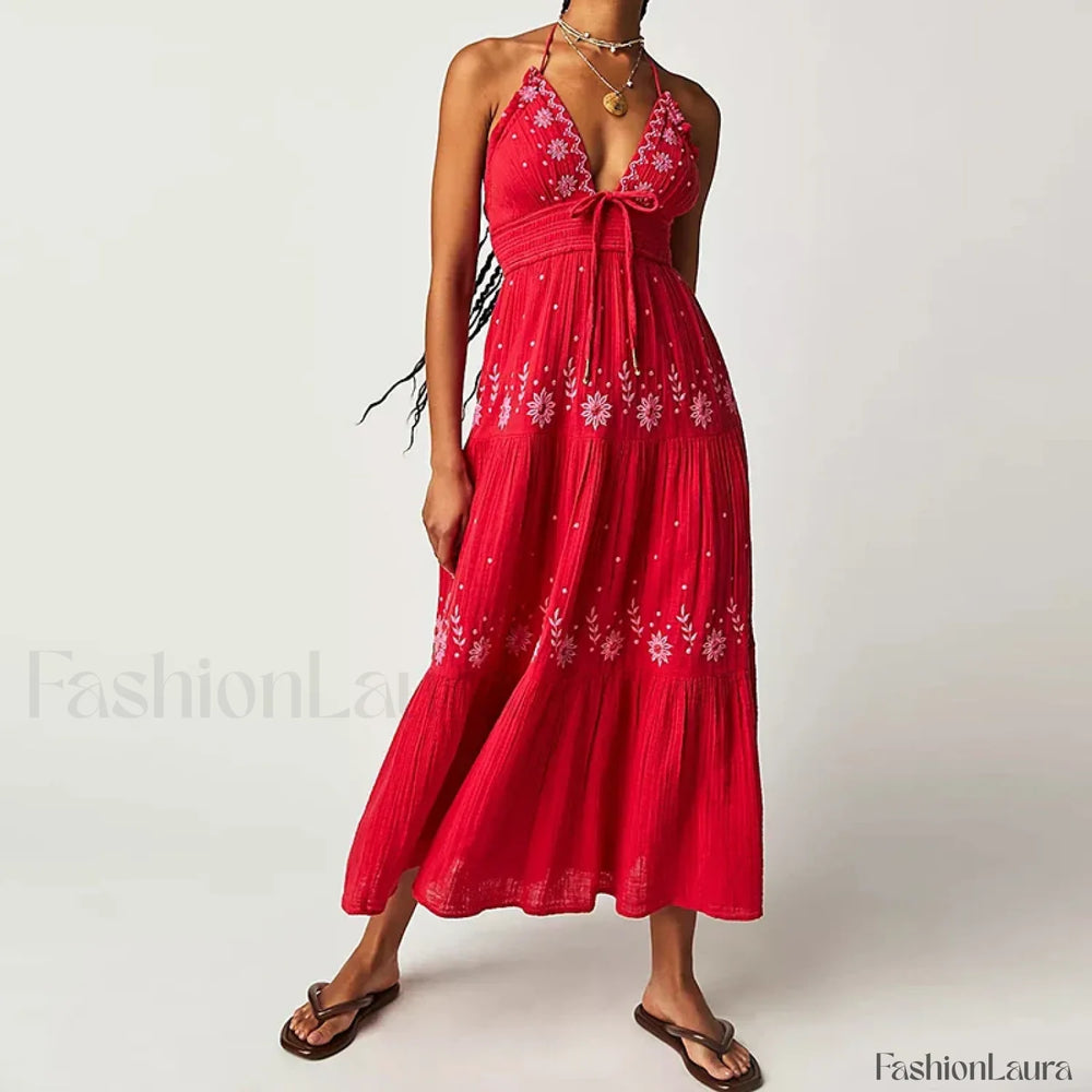 Backless Halter Embroidery Boho Dress