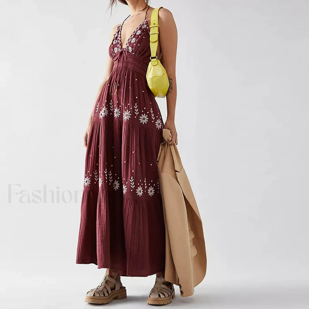Backless Halter Embroidery Boho Dress color 1 / S