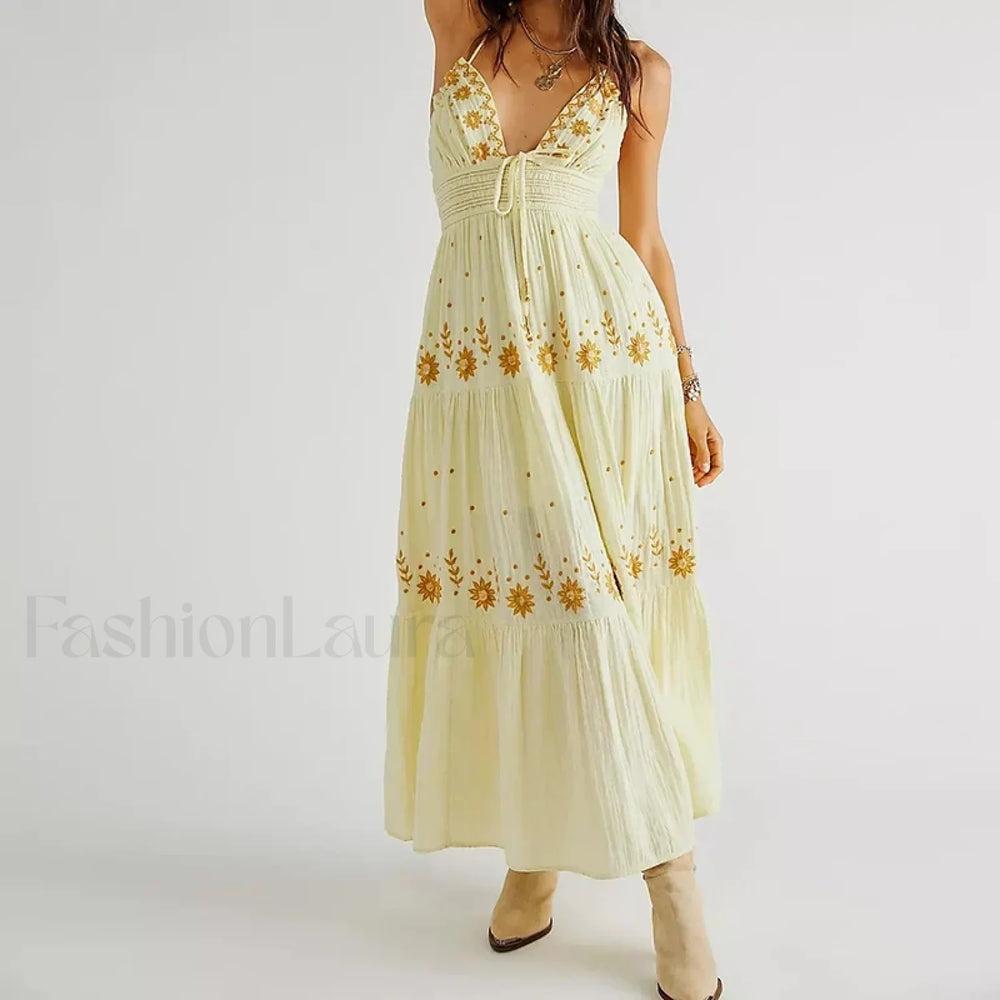 Backless Halter Embroidery Boho Dress color 4 / S
