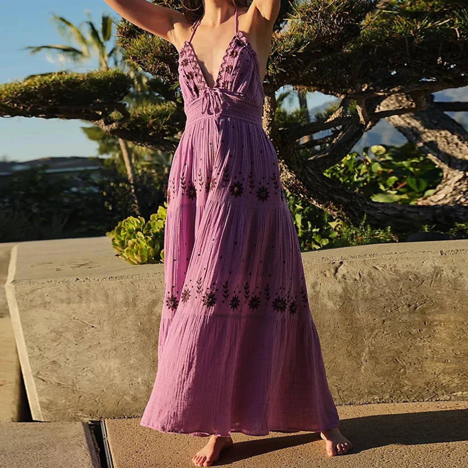 Backless Halter Embroidery Boho Dress color 6 / S