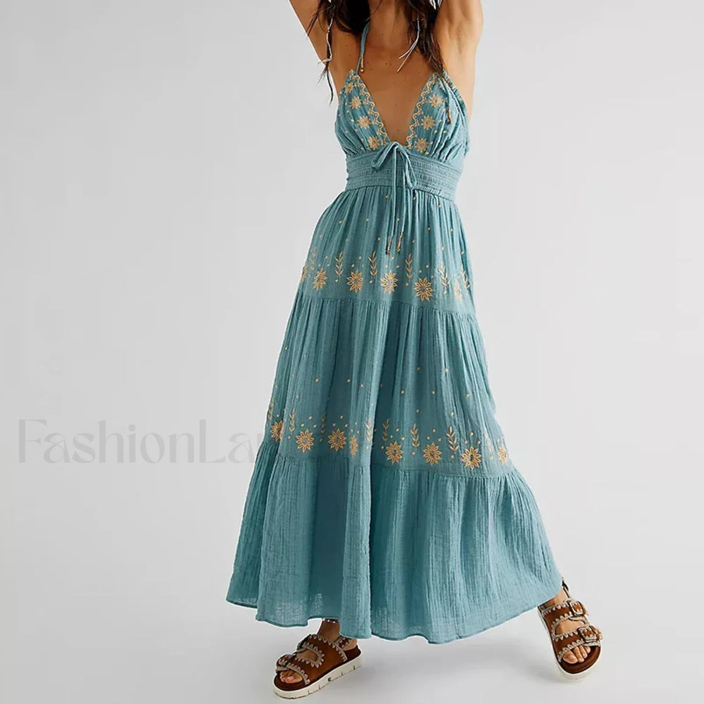 Backless Halter Embroidery Boho Dress color 7 / S