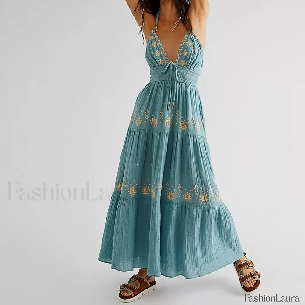 Backless Halter Embroidery Boho Dress color 7 / S
