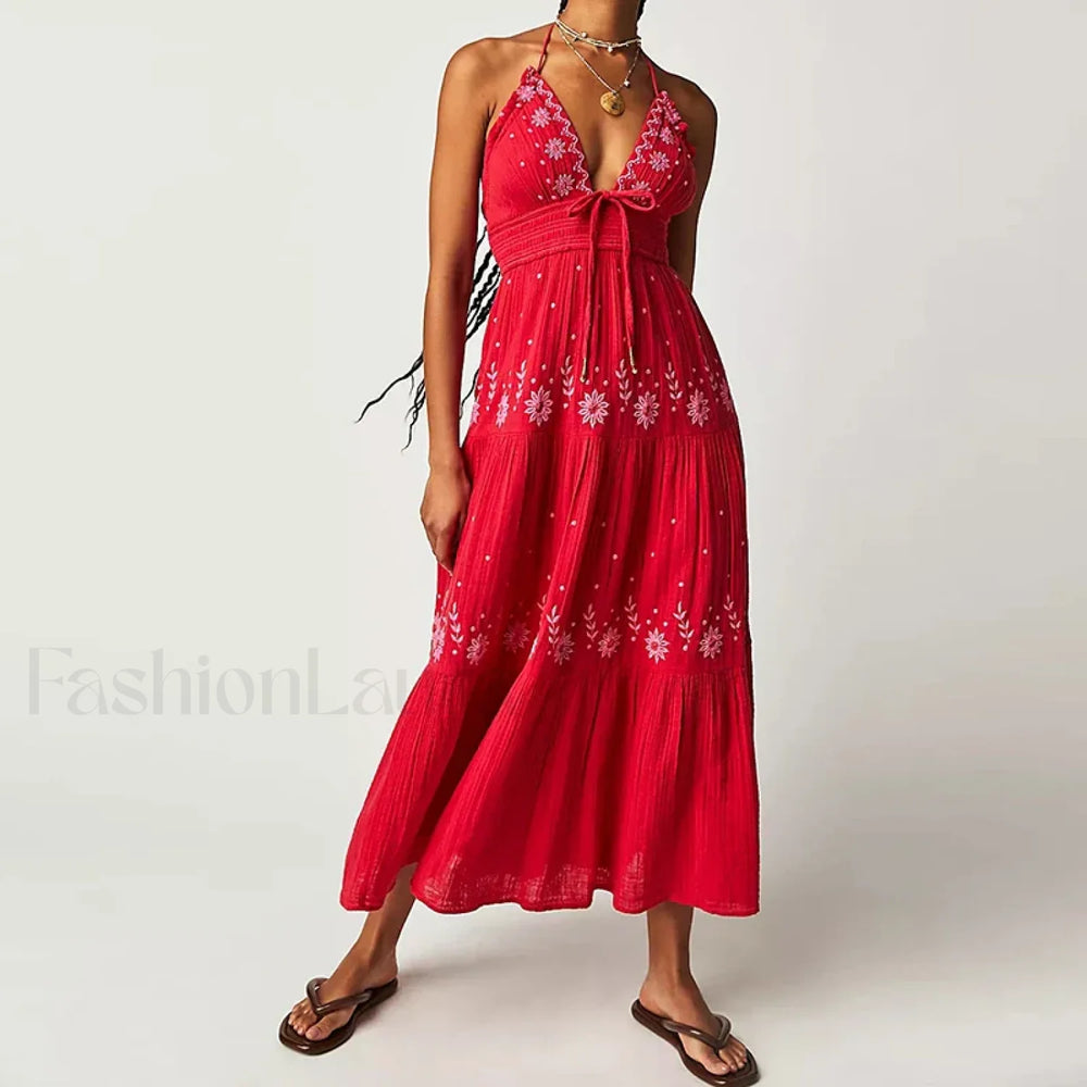 Backless Halter Embroidery Boho Dress color 8 / S