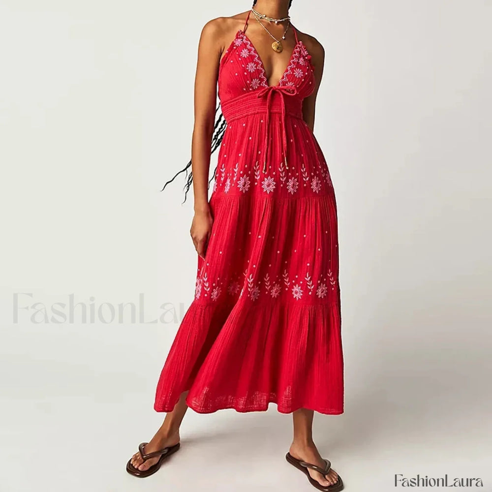Backless Halter Embroidery Boho Dress color 8 / S
