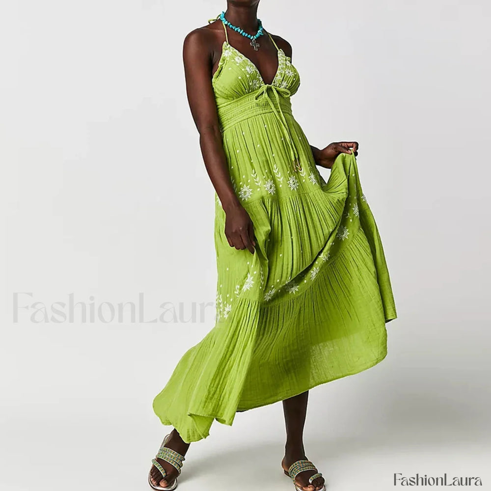 Backless Halter Embroidery Boho Dress color 9 / S